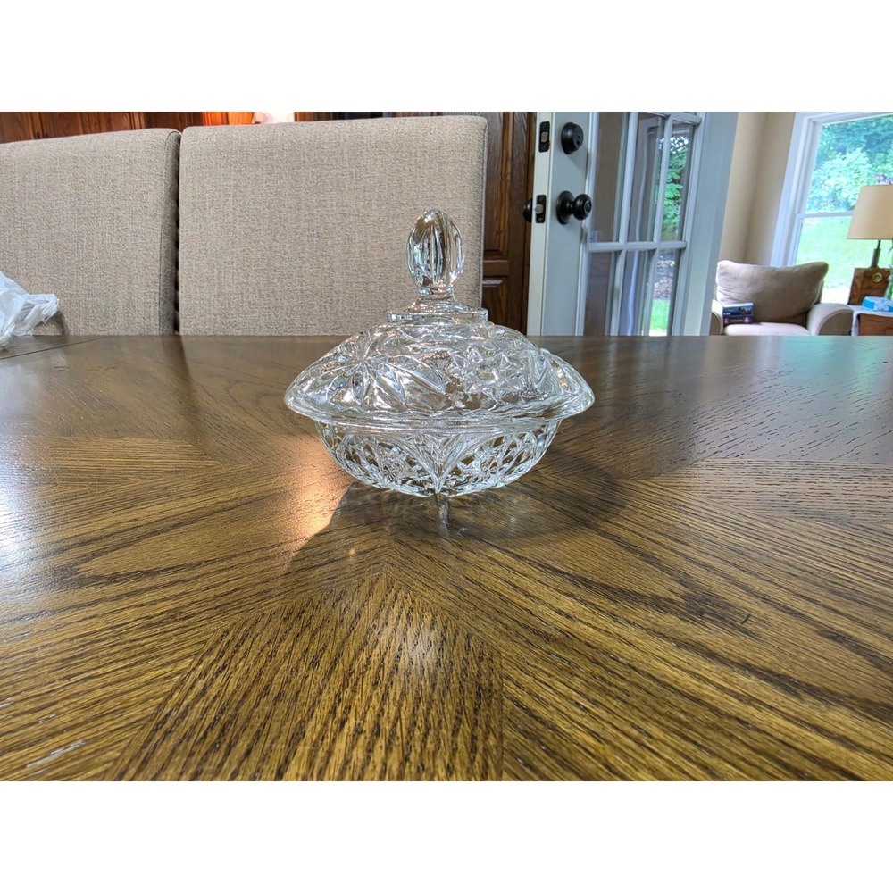 Vintage Style Clear Pressed Glass Lidded Candy Dish Starburst Sunburst Pattern
